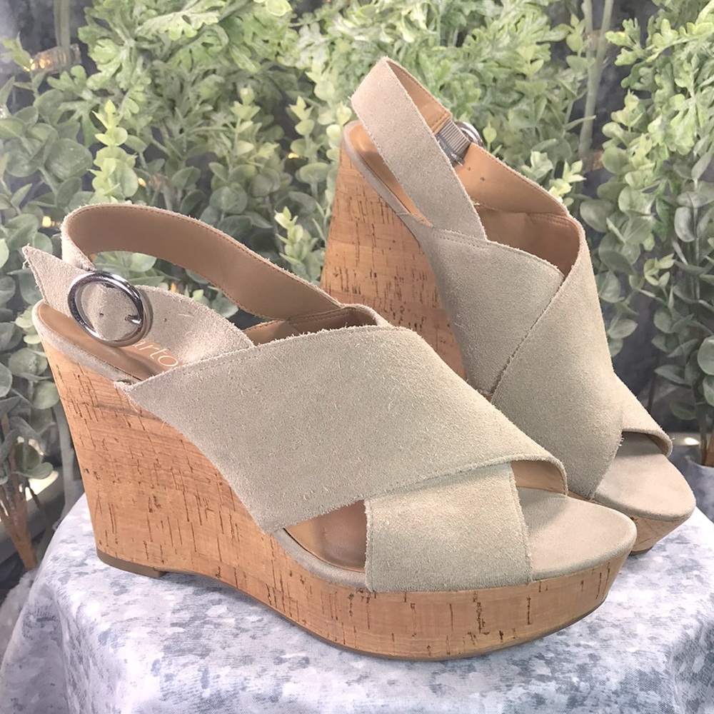 Franco Sarto Sari Taupe Leather Crossband 4.25” Corkbottom Wedges WMS 9.5M